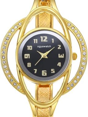 Anthropologie Gold Crystal Bangle Watch with Black Dial
